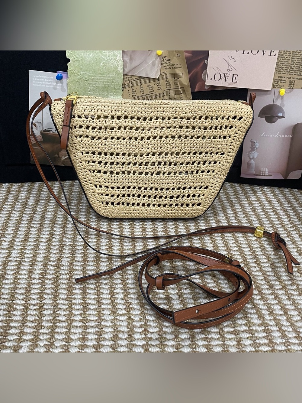 Woven Straw Crossbody Bag with Brown Leather Trim